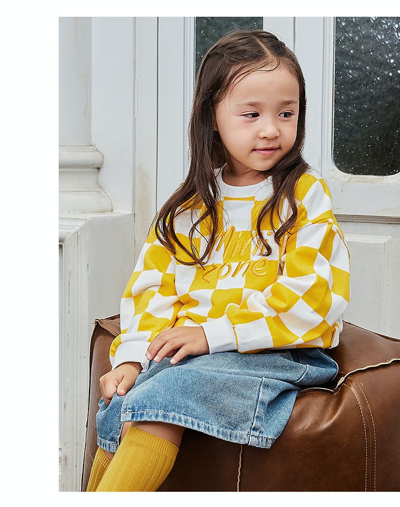 Minizone - 格紋圓領長袖上衣-英文字母-黃+白
