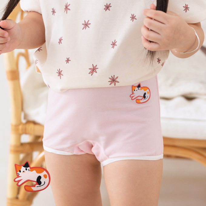 貝柔 Peilou - 天絲棉舒膚平衡童女四角褲-貼布繡-3件組-小貓*1+企鵝*2-粉+橘