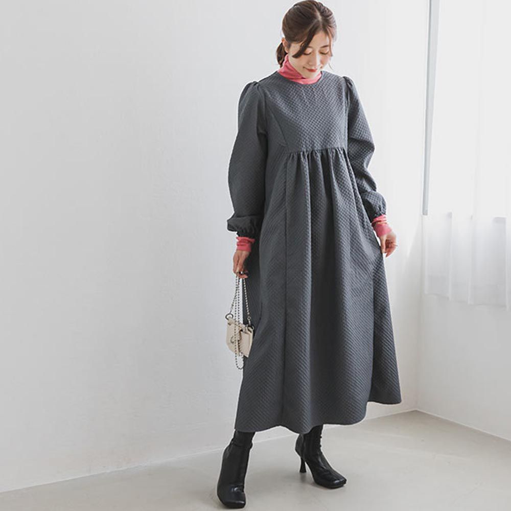 日本 ihuu - 顯瘦廓型背後綁帶長袖洋裝-炭灰