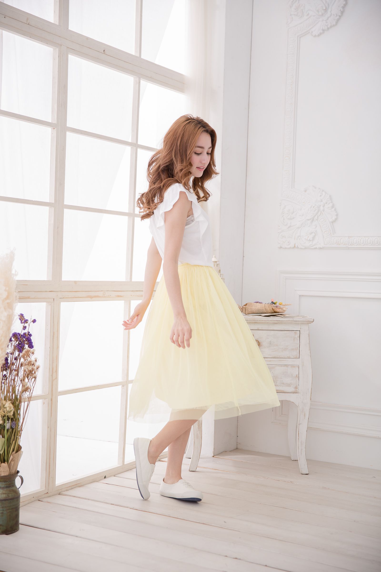 Peachy - 獨家訂製綿柔半身紗裙-半身中長版-嫩鵝黃 (F)