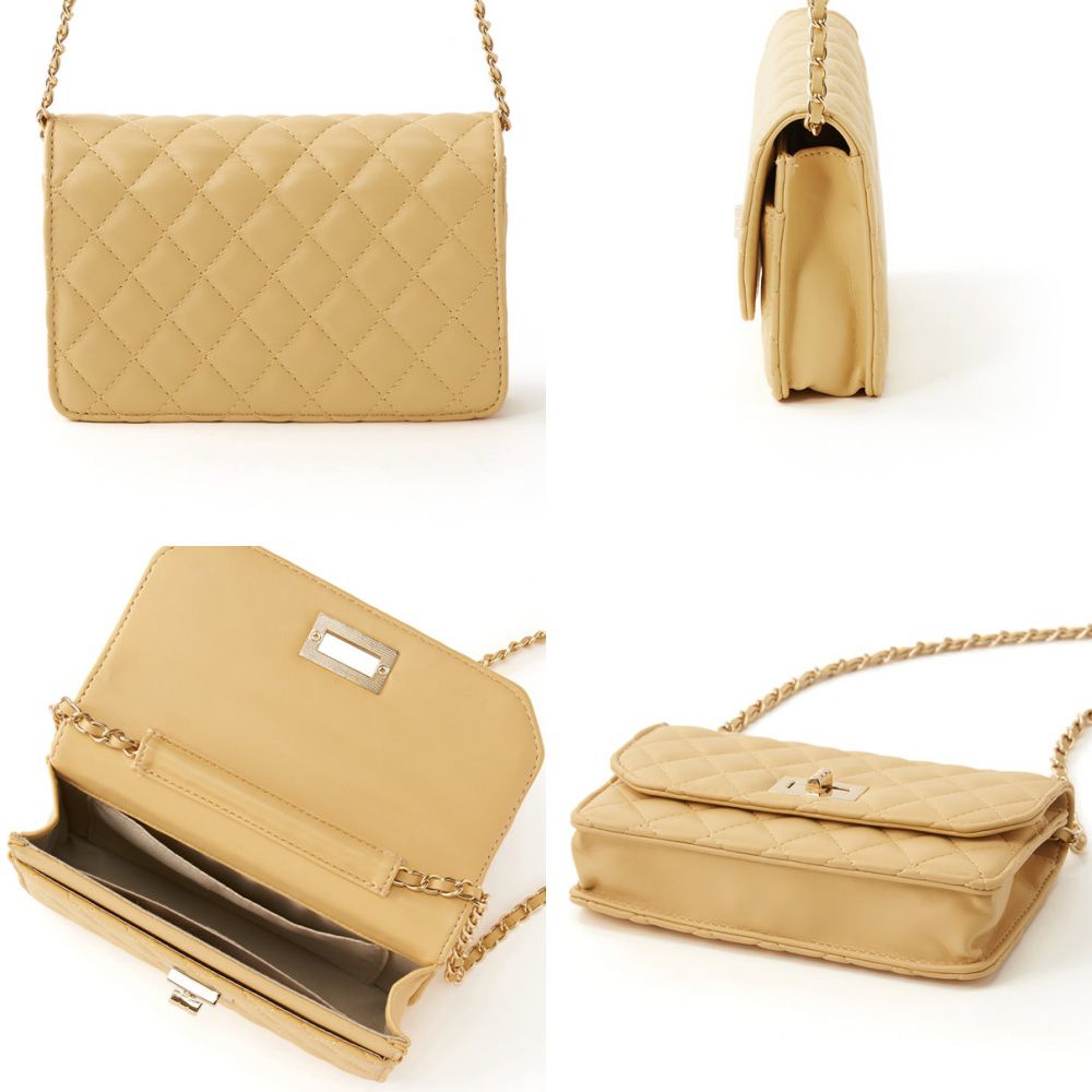 日本 GRL - 菱格紋仿皮金屬鏈小方包/側背包-米