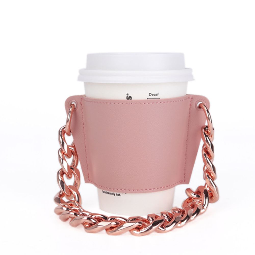 時尚手鏈咖啡皮質杯套-玫瑰粉鏈條+粉色杯套