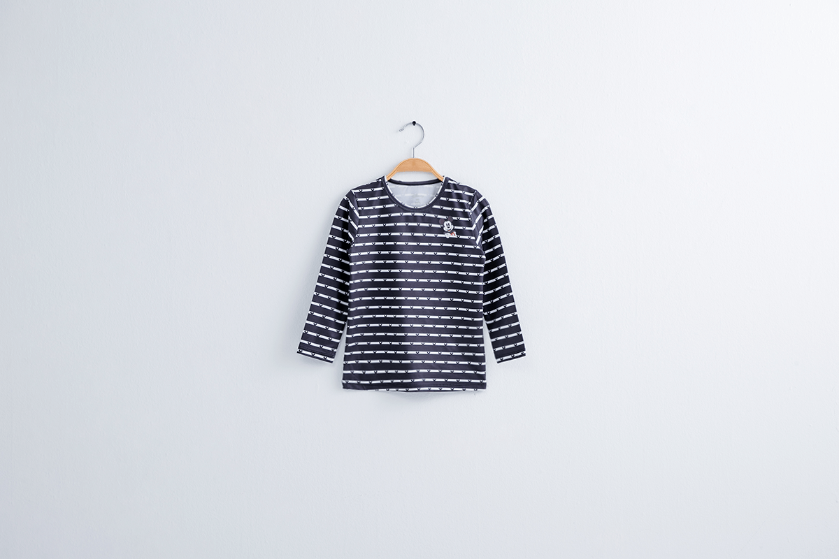 WIWI - 米奇條溫灸刷毛圓領發熱衣-童-黑白色