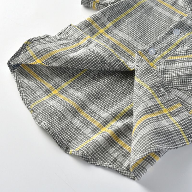 小紳士格紋短袖襯衫套裝-有背帶款-灰+深藍