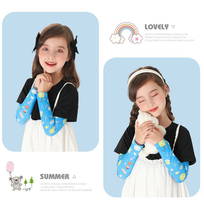 冰絲防曬兒童袖套-繽紛塗鴉-藍色 (長31cm)