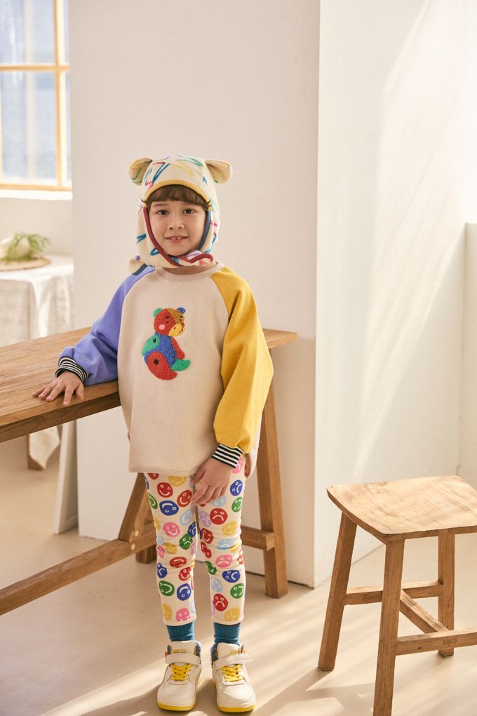 韓國 Mimico - (內磨毛)絨毛狐狸雙色袖上衣-芥黃X粉橘