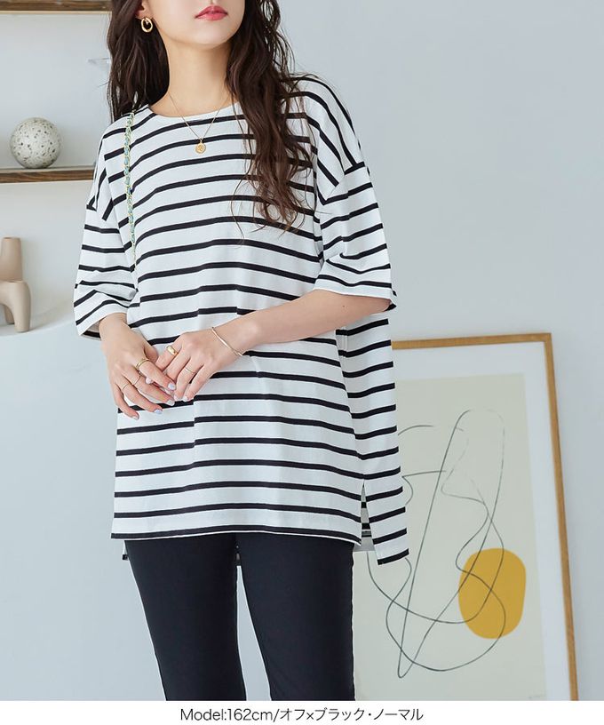 日本 Kobe Lettuce - 100%棉船領優雅條紋短袖上衣-黑x白線條