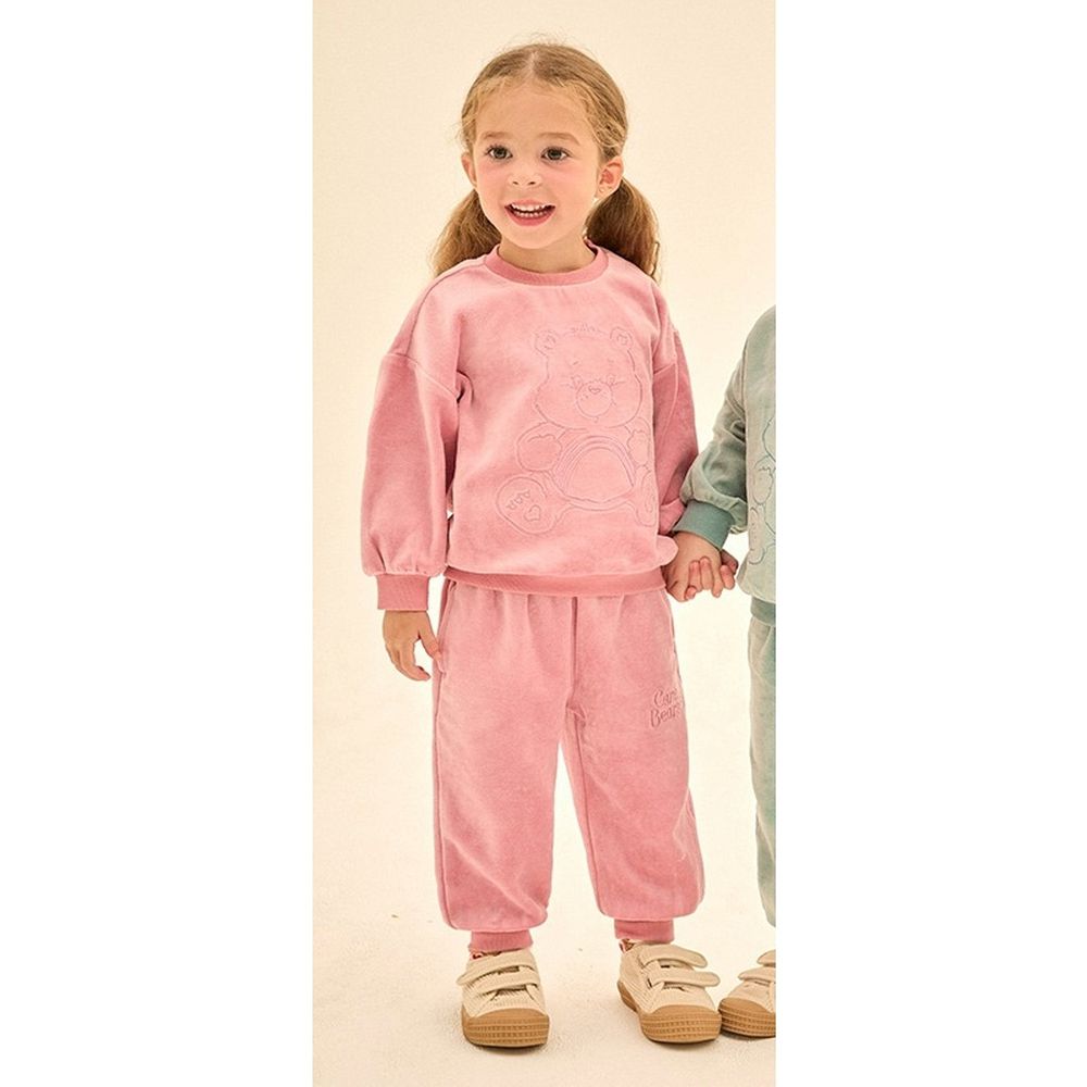 聯名款刺繡熊熊柔軟天鵝絨長袖套裝-粉