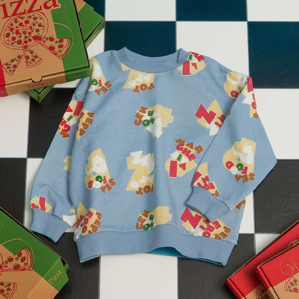 美式餐廳印花裏毛長袖上衣-滿版佐料-水藍