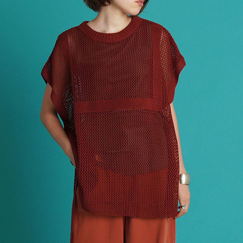 日本 Bou Jeloud - 設計感透視網狀短袖針織背心-深紅
