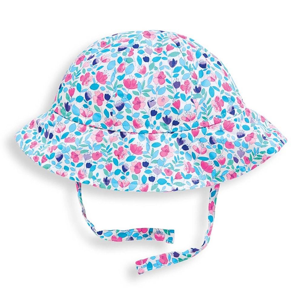 英國 JoJo Maman BeBe - 嬰幼兒/兒童泳裝戲水UPF50+綁帶遮陽帽-粉彩花草