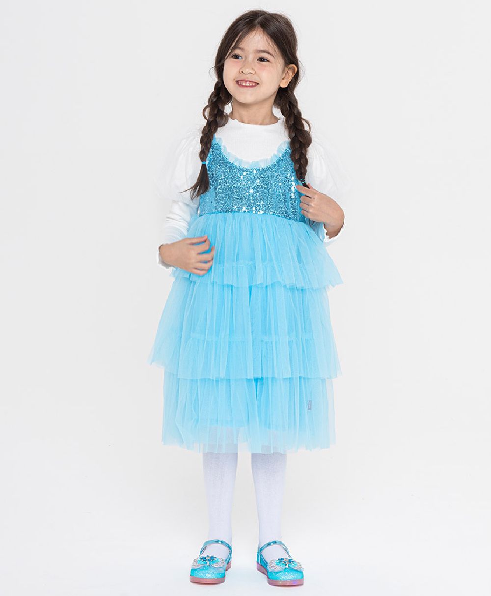 閃閃亮片細肩帶層次網紗洋裝-天藍