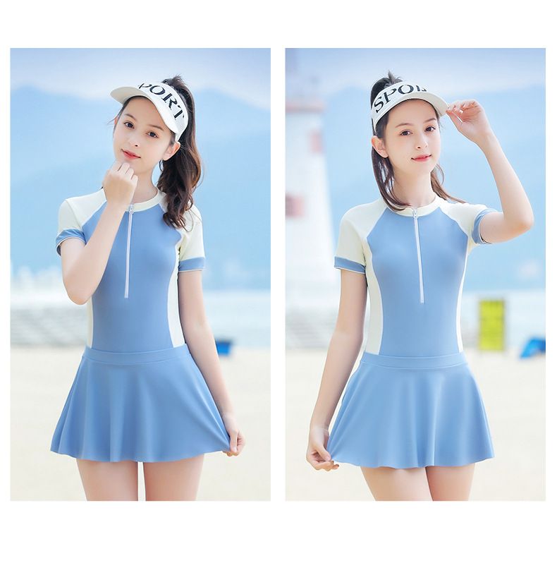 大童女孩運動風短袖連身裙泳衣套裝(二件組)-黑色-泳衣、裙子