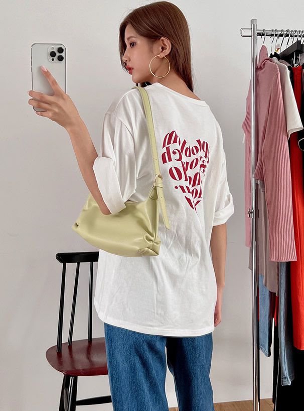 日本 GRL - 純棉落肩休閒長版短T-愛心英文-白