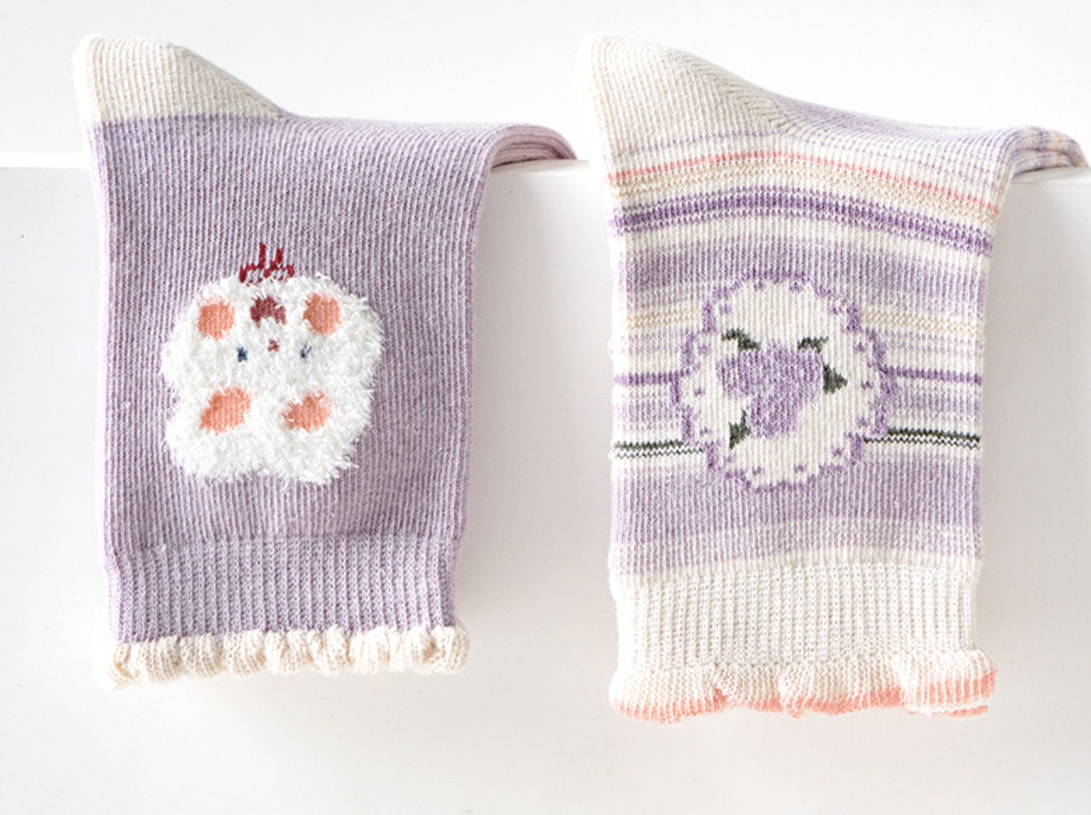 love, charlotte - 香芋玫瑰小兔子花邊中筒襪-5 雙一組