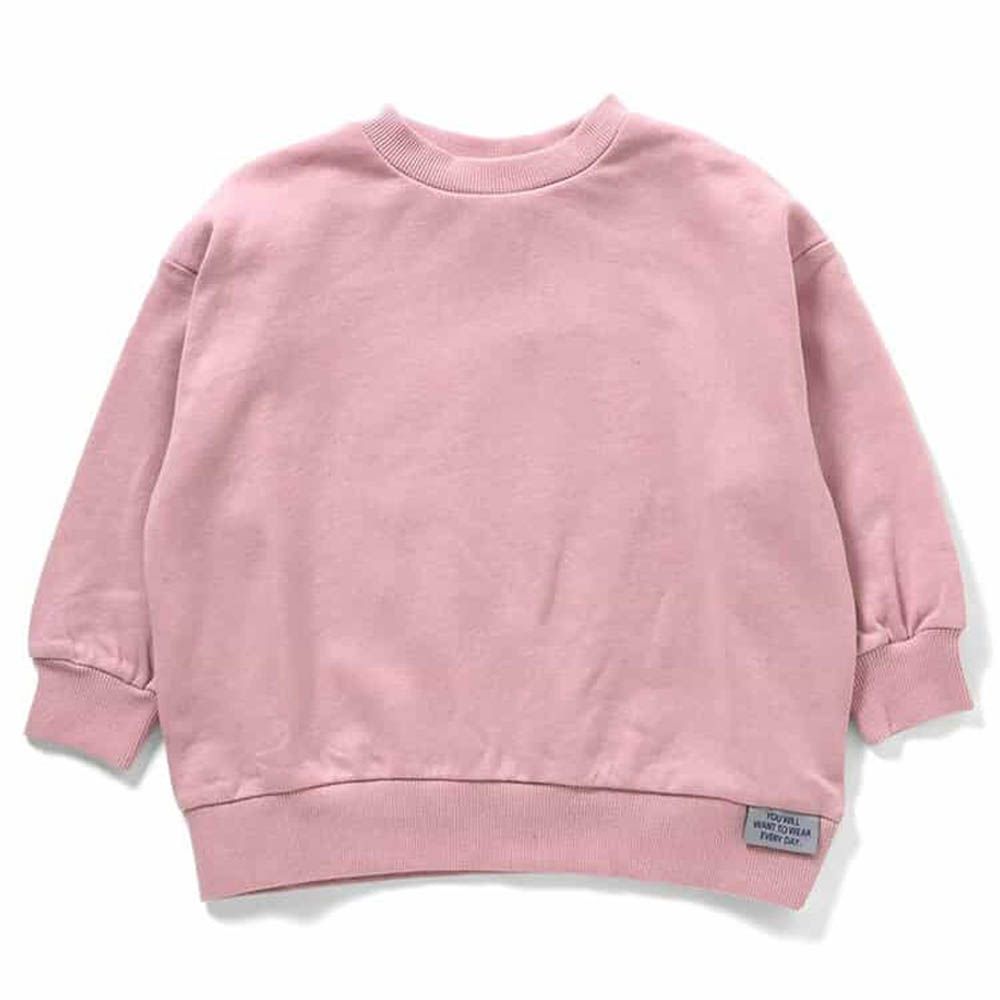 100%棉 落肩寬鬆縮口長袖上衣-素面-粉紅