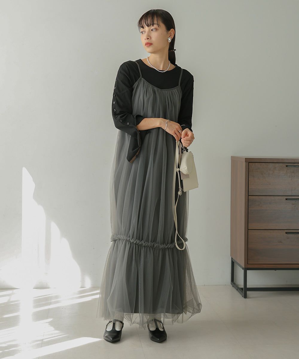 日本 Bab - 夢幻歐根紗拼接吊帶裙-夢幻粉