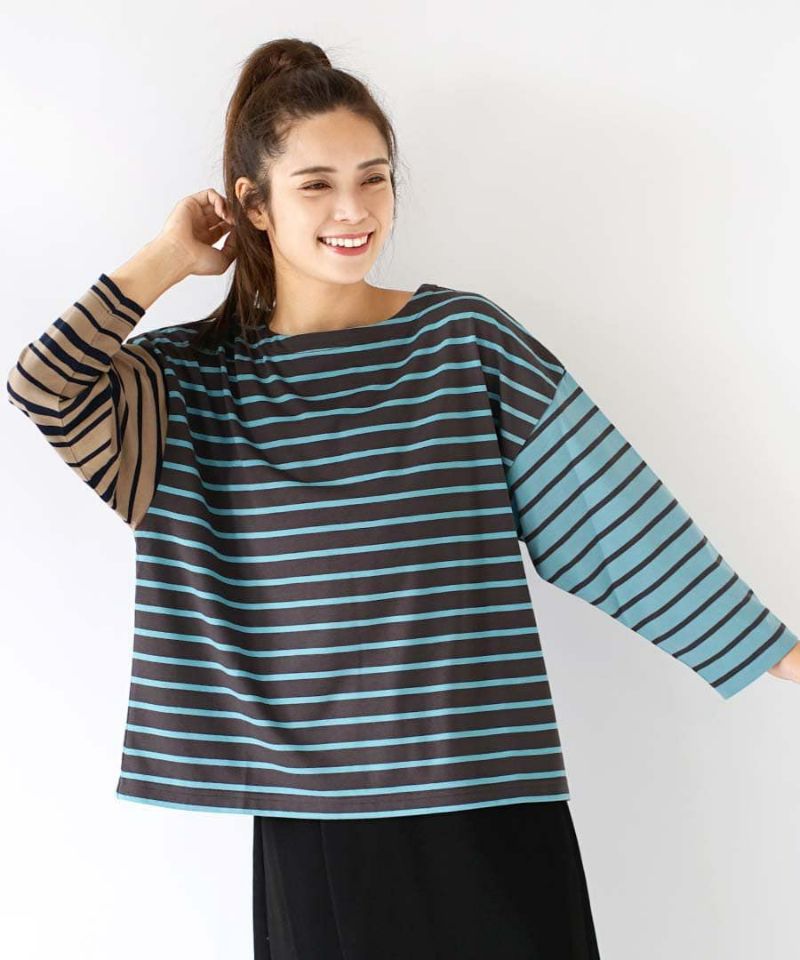 日本 zootie - 撞色條紋拼接薄長袖上衣-薰衣草