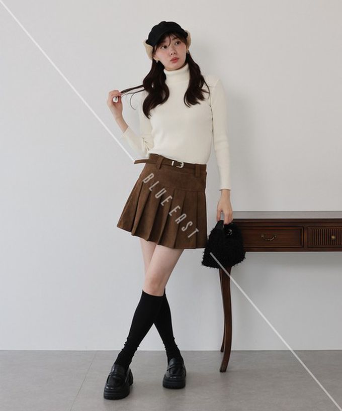 日本 BLUE EAST - 時髦麂皮百褶迷你短裙(附皮帶)-咖啡