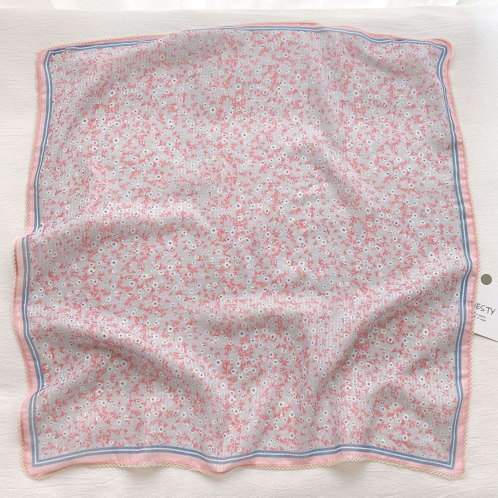 法式棉麻披肩方巾-白色碎花-粉藍色 (90x90cm)