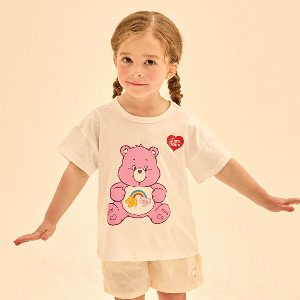 聯名款萌萌大熊純棉短袖上衣-彩虹粉熊-白