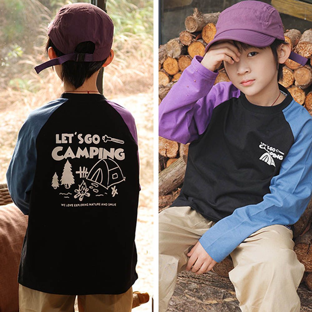 純棉圓領長袖上衣-一起去露營-拼袖黑