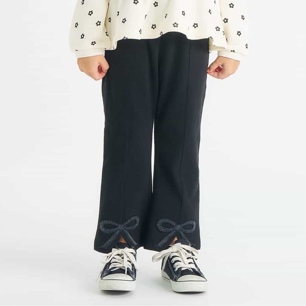 蝴蝶結刺繡裏起毛前開叉長褲-黑