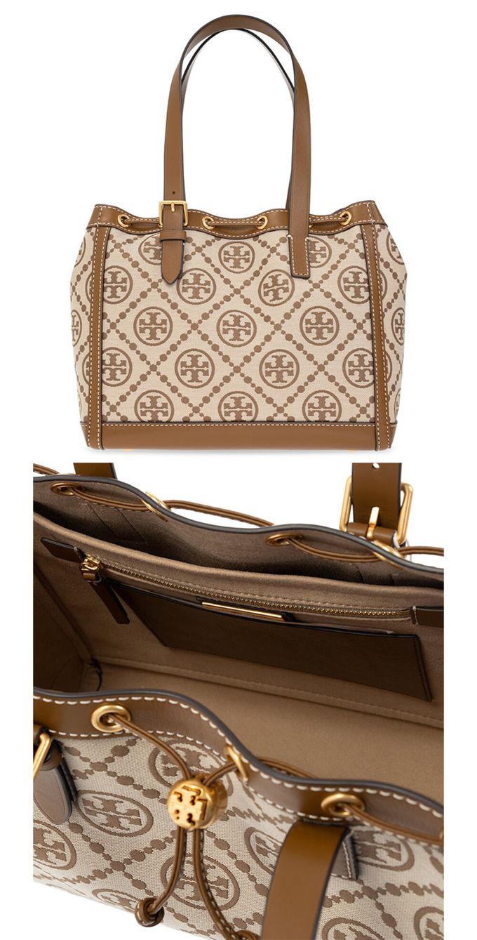 TORY BURCH - 滿版LOGO提花托特肩背包 (卡其駝)