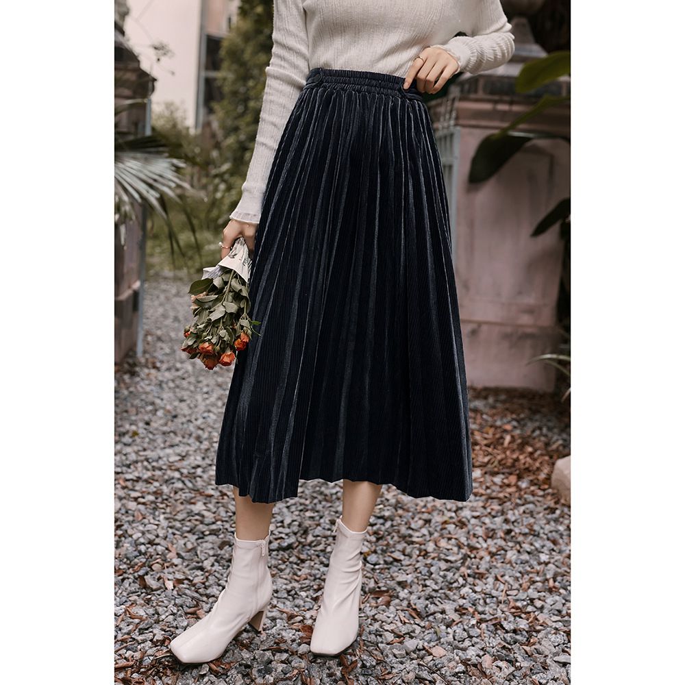 復古閃亮百褶半身裙-深藍色