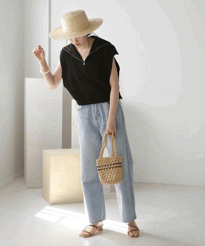 日本 Bou Jeloud - 拉鍊翻領針織背心-黑