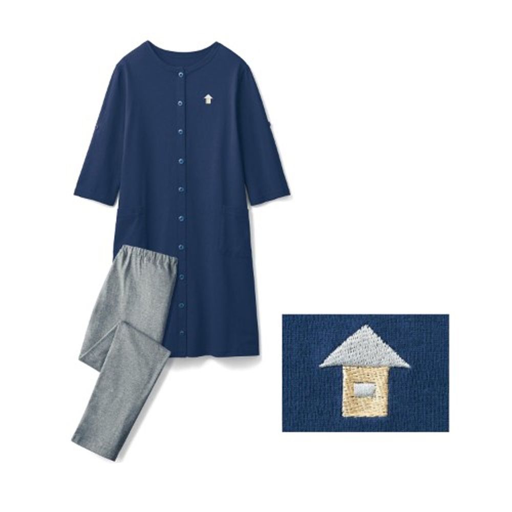 日本千趣會 - 純棉舒適七分袖孕婦/哺乳睡衣-深藍X小屋刺繡