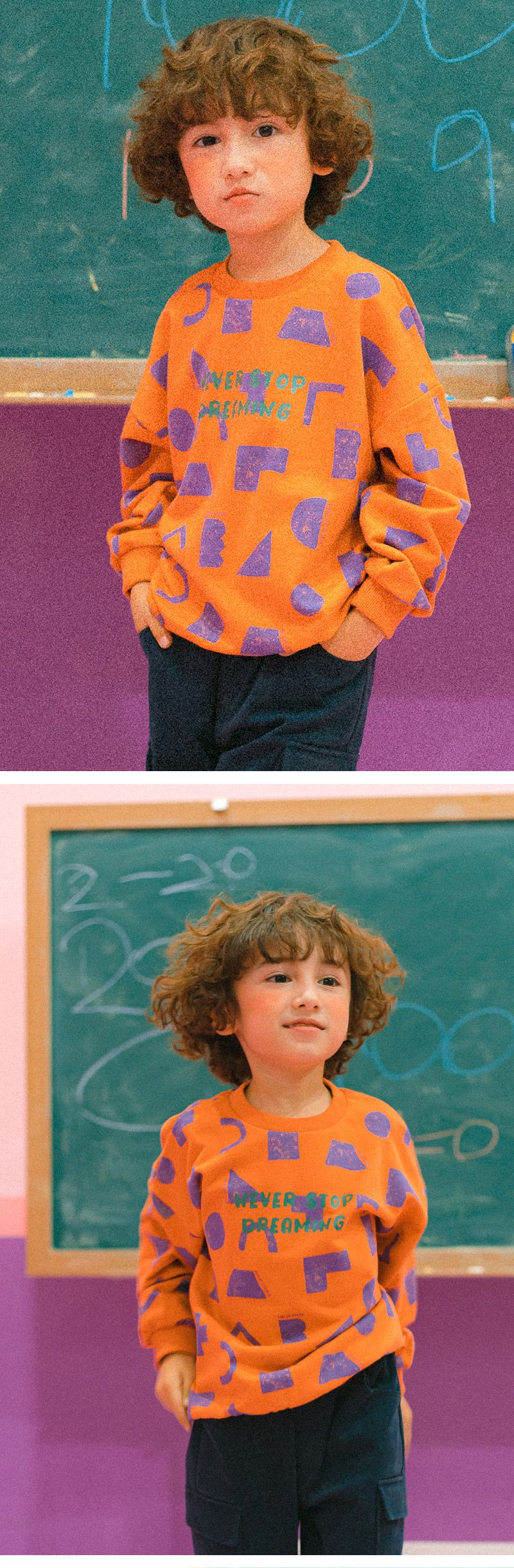 韓國 OZKIZ - 幾盒積木印長袖大學T-橘