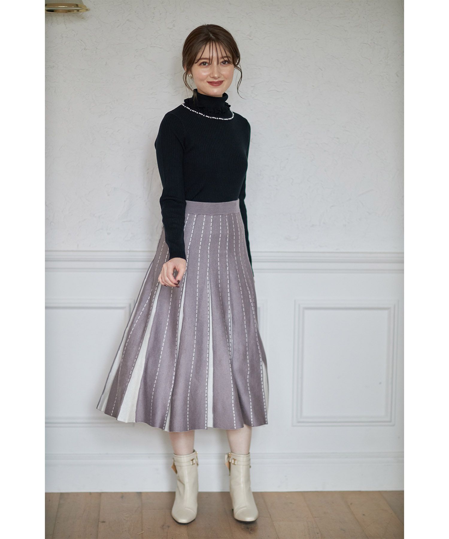 日本 tocco-closet - 低調撞色針織百褶長裙-時尚黑