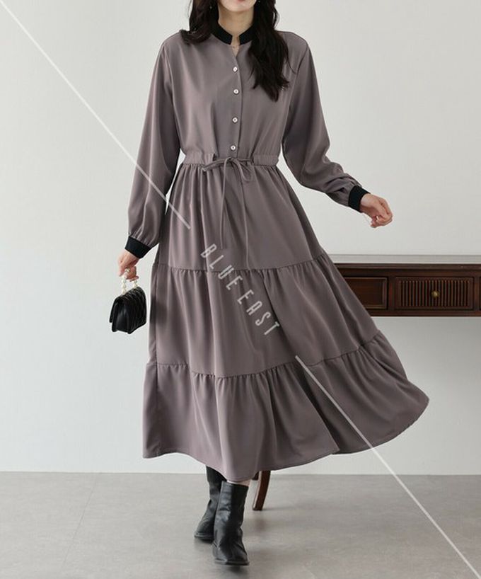 日本 BLUE EAST - [人氣款]簡約抽繩收腰長袖洋裝-浪漫花草-咖啡