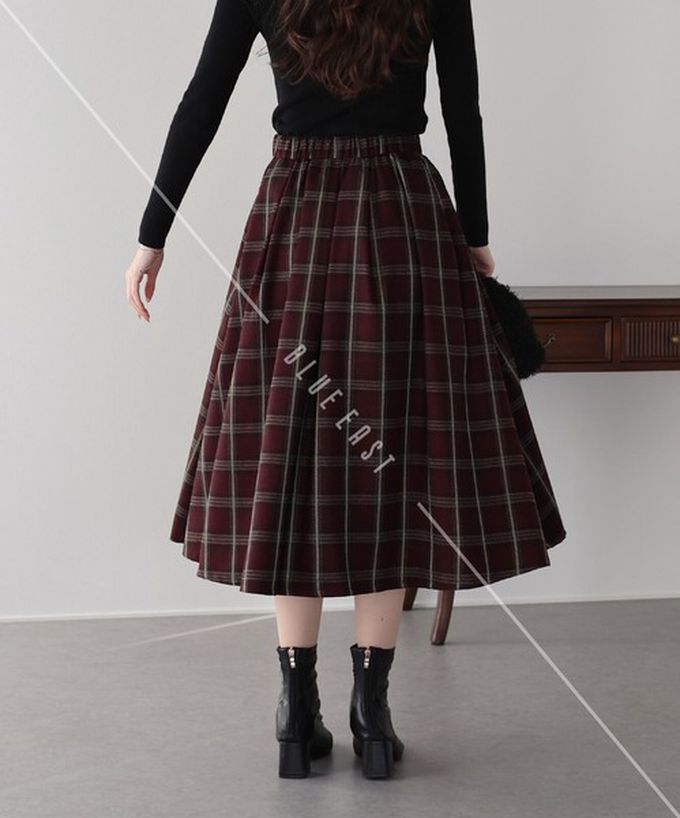 日本 BLUE EAST - 經典格紋挺版皺摺長裙(有口袋)-咖啡棕