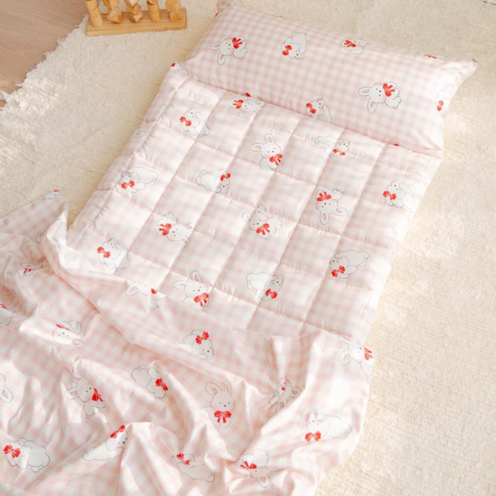 韓國 Formongde - 5cm厚墊雙面用睡袋/寢具(附收納袋)-粉紅格紋兔