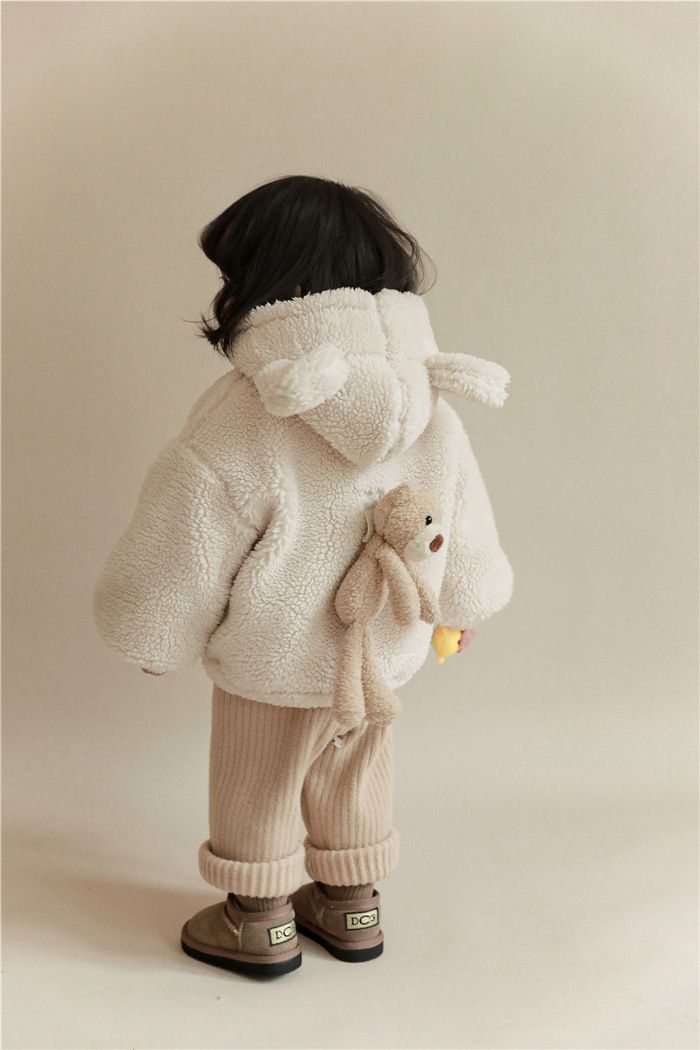 加厚連帽羊羔絨兒童造型外套-熊熊耳朵-米白色