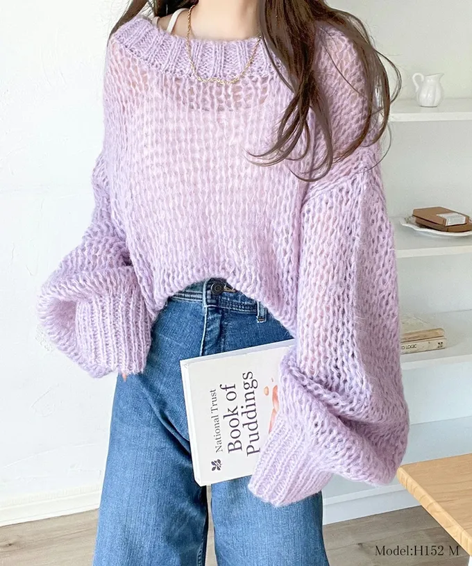 日本 Classical Elf - 甜美船領針織洞洞大寬袖毛衣-炭灰