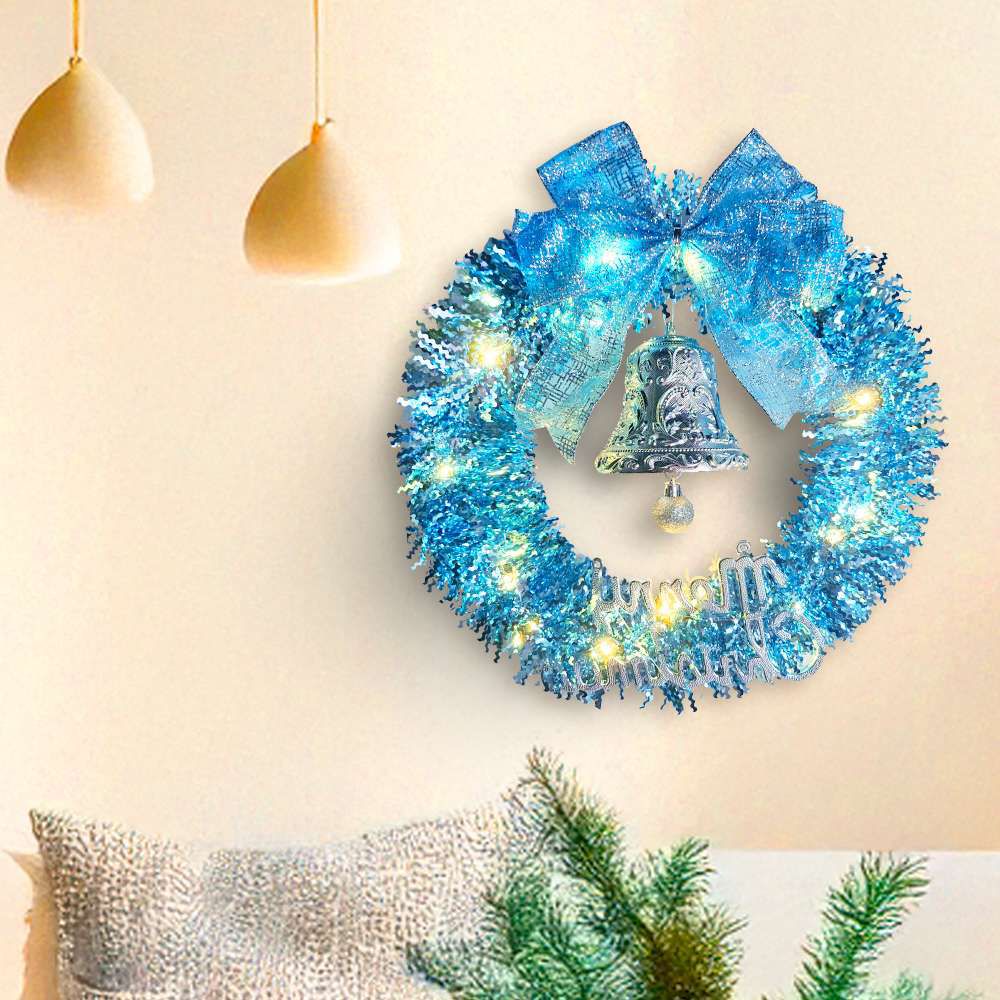 14吋夢幻土耳其藍系金蔥彎絲聖誕花圈+20燈LED暖白光燈串_本島免運費