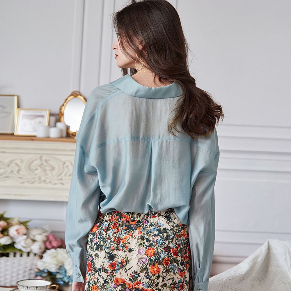 氣質透膚襯衫/罩衫-淺藍色 (M)