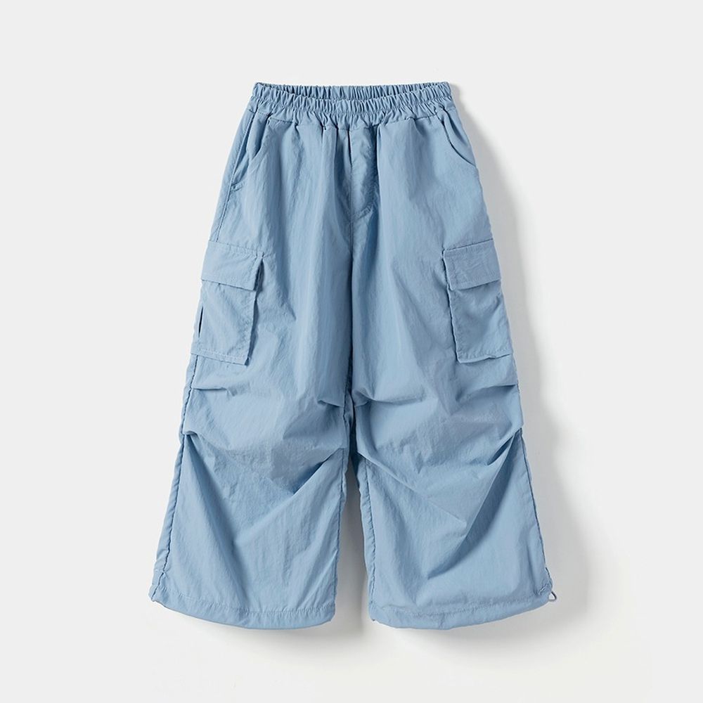 鬆緊腰立體抓褶口袋寬鬆工裝長褲-灰藍