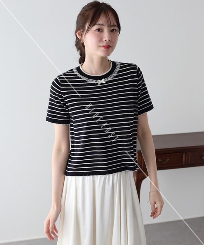 日本 BLUE EAST - 蕾絲蝴蝶結領條紋針織短袖上衣-象牙白