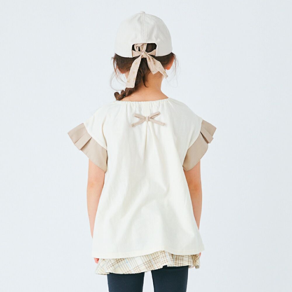 日本 evercloset - 背後優雅荷葉摺邊短袖上衣-象牙白x磚橘