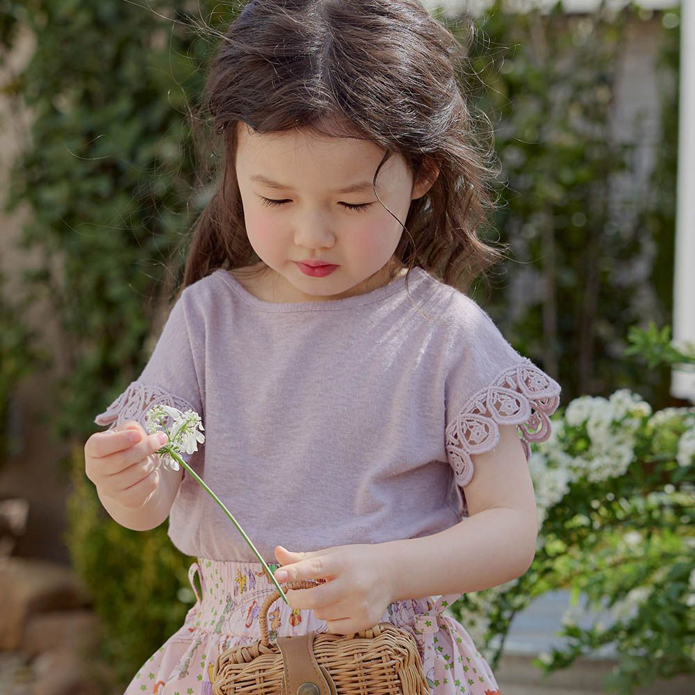 鏤空繡花裝飾短袖上衣-粉紫