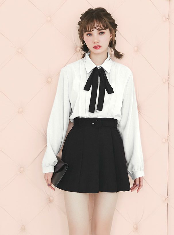 日本 GRL - 大黑蝴蝶結綁帶雪紡長袖襯衫-白