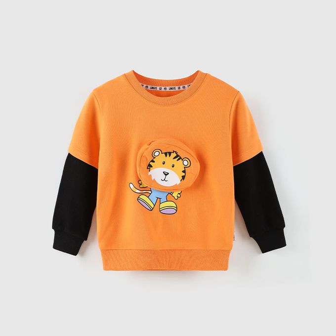 圓領假兩件長袖上衣-老虎印花-橘+黑色