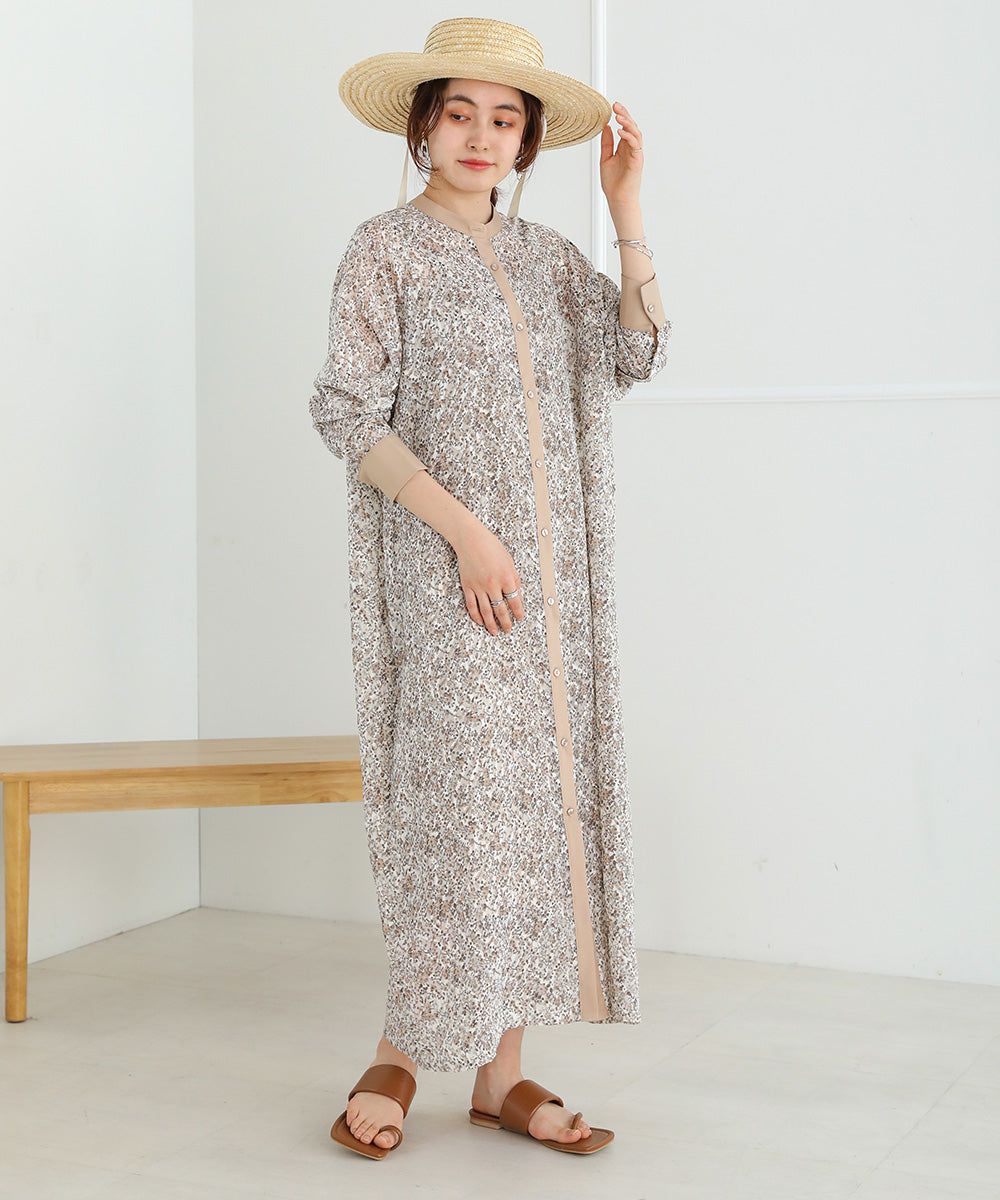 日本 Bab - 文藝浪漫碎花排扣洋裝-石英灰