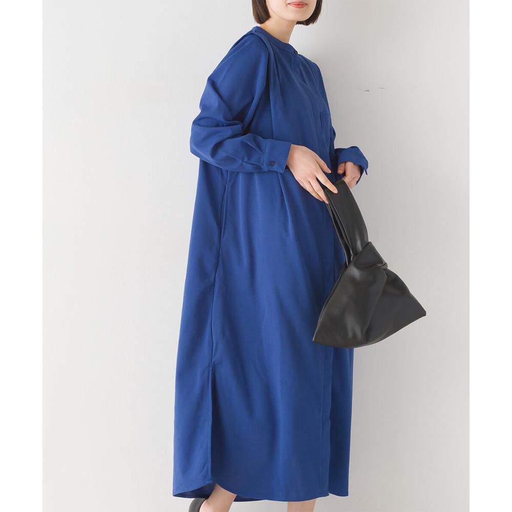 日本 OMNES - 法式簡約絲滑長版襯衫洋裝-寶石藍