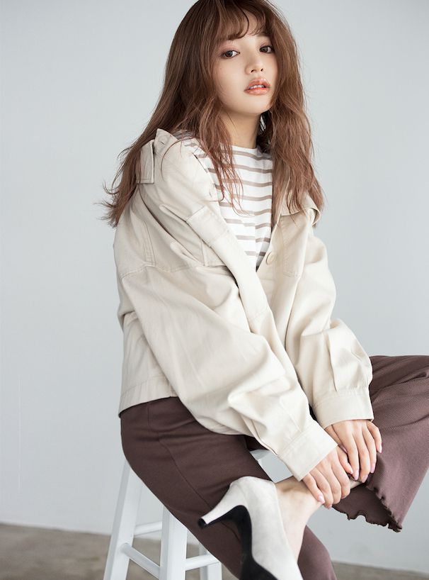 日本 GRL - 顯瘦剪裁圓領薄長袖上衣-條紋-粉紫x白 (F)