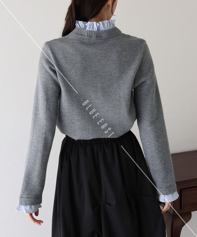 日本 BLUE EAST - 甜心假二件荷葉領金扣開襟衫-深咖啡 (M)